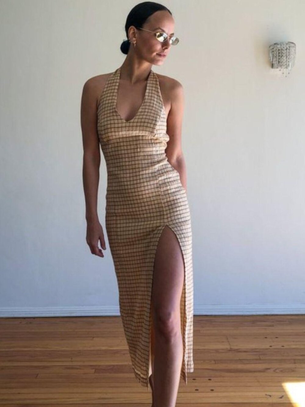 Paloma Wool tan and beige plaid midi dress with halter neck and side slit